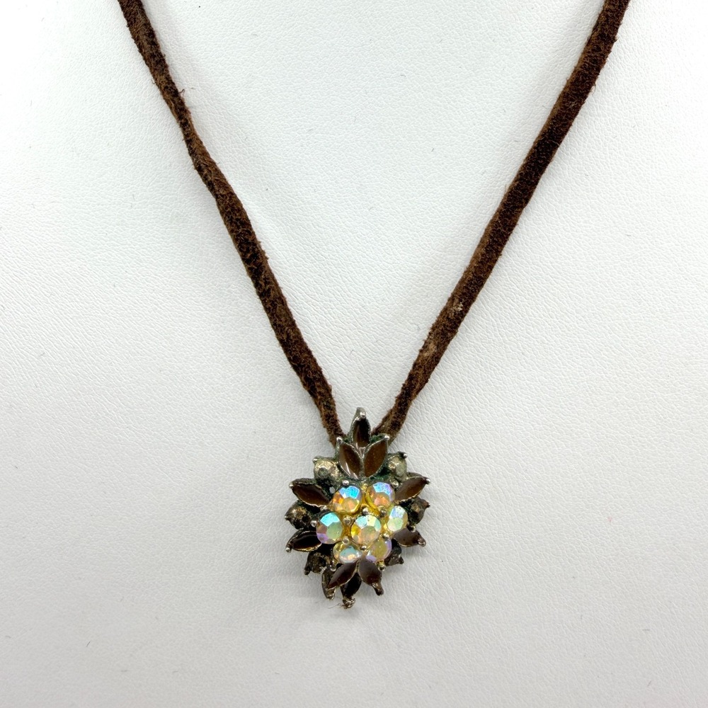 Vintage Brown Faux Suede Cord Starburst Choker Choker Necklace Aurora Borealis‎